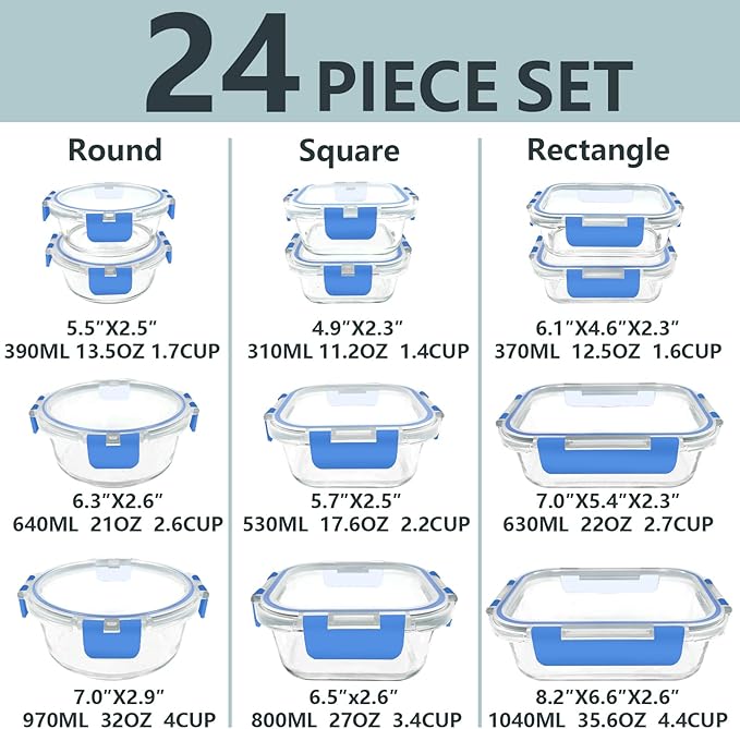 12 Pack Glass Food Storage Container Set
