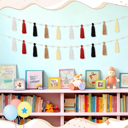 Suncalla 2 Pcs Tassel Garland with Wood Beads, 6.89 ft Handmade Cotton Yarn Wall Hanging Banner Boho Tassel Wall Party Decor for Nursery Baby Shower Classroom Birthday Home Decoration(Retro)