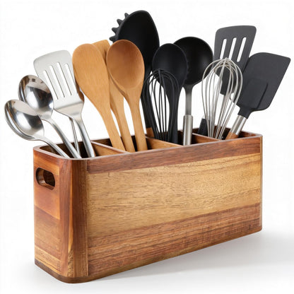 Gallkeat Kitchen Utensil Holder for Counter or Countertop, Large Wooden Utensil Holder with 4 Compartments, Acacia Wood Organizer for Cooking Utensils and Silverware, Ideal Gift for Kitchen Decor