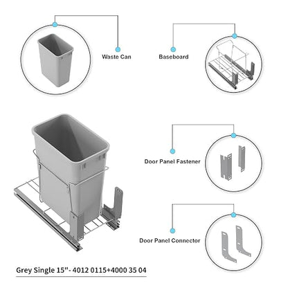 Dowell B15 Aluminum Base Wastebasket Pullout with Door Mount and 50Qt/13Gal Plastic Bin (4012 0115+50)