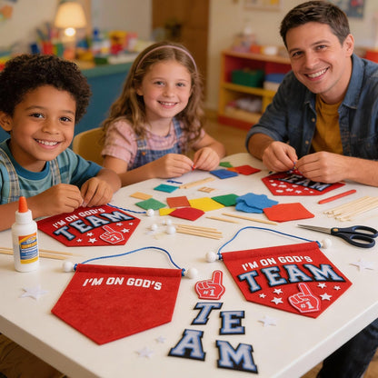 Fun Express I’m On God’s Team' Red Felt Banner Craft Kit – 12 Sets - Perfect for DIY Religious Decorations, Church Events & Sunday School Activities