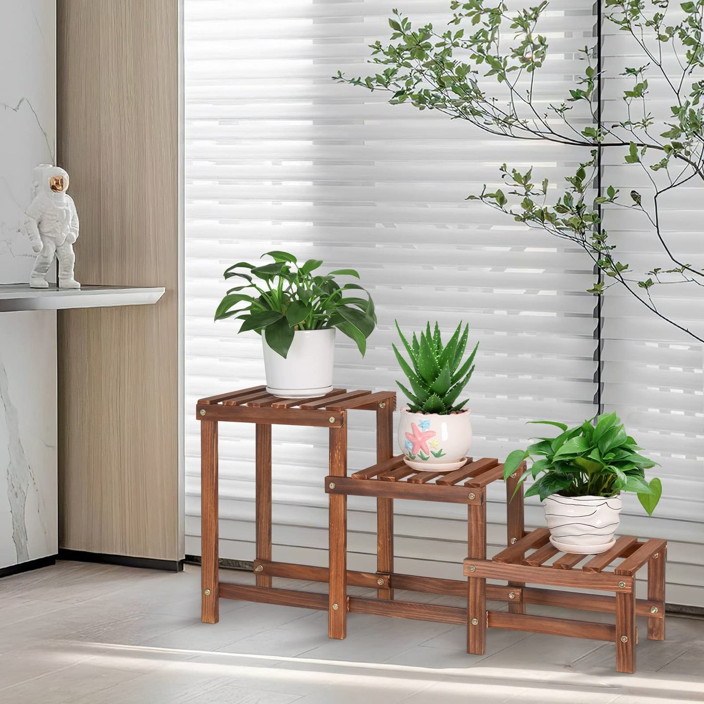 Jotboom Wood 4 Tier Hill Plant Shelf and 3 Tier Ladder Plant Stand