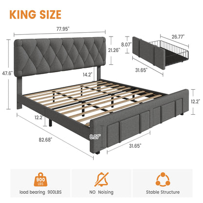 GAOMON King Size Upholstered Platform Bed Frame with Storage Drawers, Mattress Foundation with Solid Wooden Slats, No Box Spring Needed, Grey