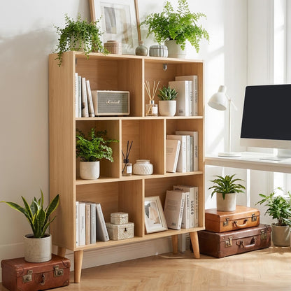 HAPPYMONT 3-Tier Bookcase, 7 Cube Modern Wooden Storage Organizer with Legs, Open Display Shelves for Living Room Bedroom Home Office, Freestanding Bookshelf, Natural Wood