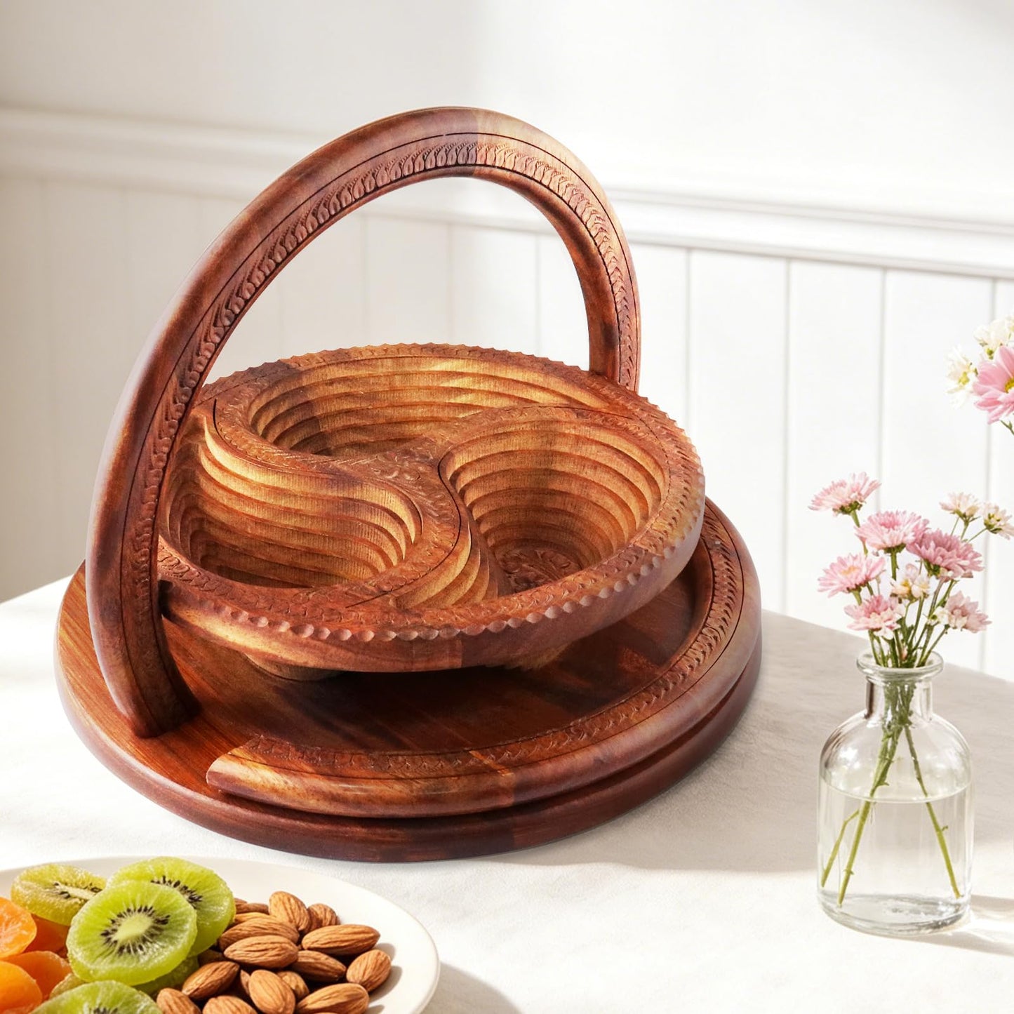 UnicornMAG Handmade 12" Collapsible Wooden Basket, 3-Compartment Paisley Design Fruit & Bread Bowl, Multi-Functional Trivet & Centerpiece, Folds Flat for Easy Storage
