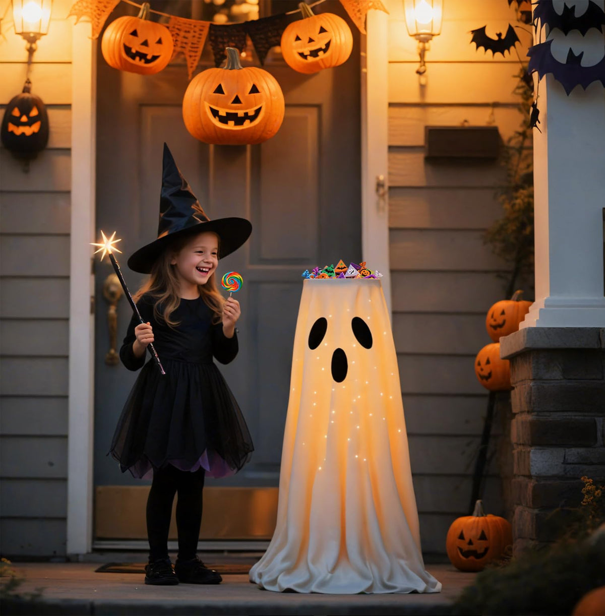 Halloween Decorations 32'' Light-Up Ghost Candy Bowl Stand Large Ghost Decor Cute Trick or Treat Candy Holder