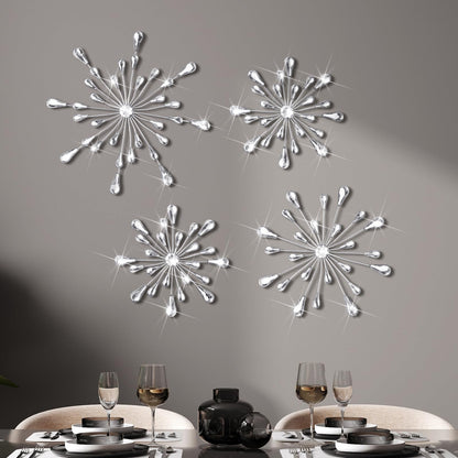 Hicarer 4pcs 3D Silver Metal Starburst Wall Decor Bling Crystal Wall Art Cast Iron Rhinestones Sunburst Decor Jeweled Hanging Glitter Diamond Accents Home Decorative for Living Room Bedroom Entryway