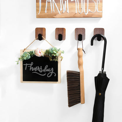 DELITON Wooden Wall Hooks, 4 Pack Acacia Adhesive Towel Hooks Sticky on Bathrooms, Kitchen, Entryway, Heavy Duty, Wall Decor