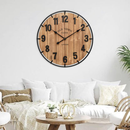 EMAX HOME Large Old Town Farmhouse Wall Clock 24 Inch Rustic Antique Wood with Metal Circle and Large Numerals Silent Battery Operated Wall Clock for Office Kitchen Bedroom Living Room