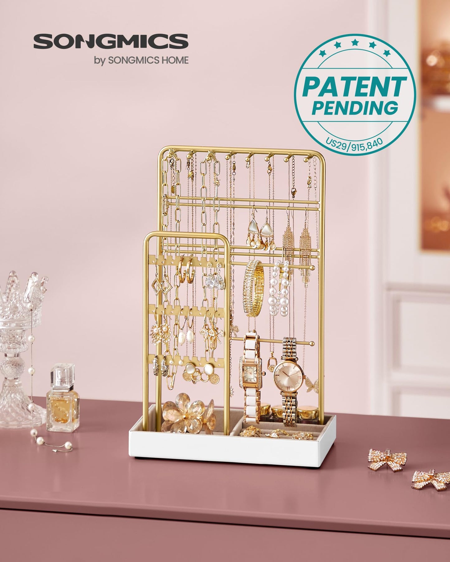 SONGMICS Necklace Holder, Jewelry Stand Holder Organizer, Jewelry Display with Metal Frame, Velvet Tray, Earring Bracelet Holder, for Gift Idea, 4.5 x 7.7 x 12.1 inch, Pale Gold UJJS021A01
