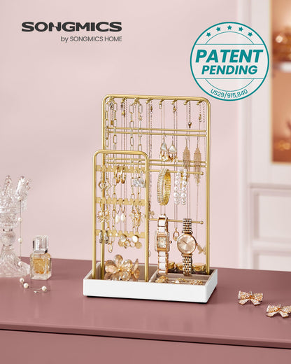 SONGMICS Necklace Holder, Jewelry Stand Holder Organizer, Jewelry Display with Metal Frame, Velvet Tray, Earring Bracelet Holder, for Gift Idea, 4.5 x 7.7 x 12.1 inch, Pale Gold UJJS021A01