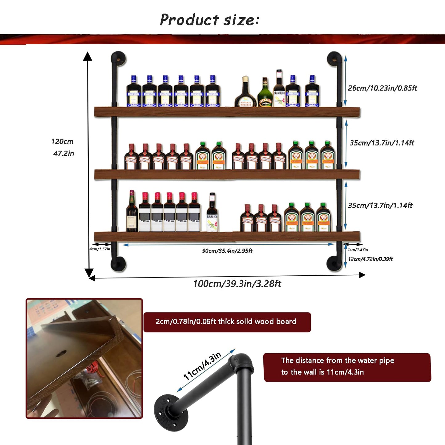 Dawselod 39.7in Large Wine Rack with LED Light Solid Wood Wall Mounted Wine Rack, 3-Tiers Liquor Bottles Floating Shelves Display Storage Organizer for Home Bar & Dining Room (100cm/39.7in)
