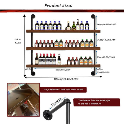 Dawselod 39.7in Large Wine Rack with LED Light Solid Wood Wall Mounted Wine Rack, 3-Tiers Liquor Bottles Floating Shelves Display Storage Organizer for Home Bar & Dining Room (100cm/39.7in)