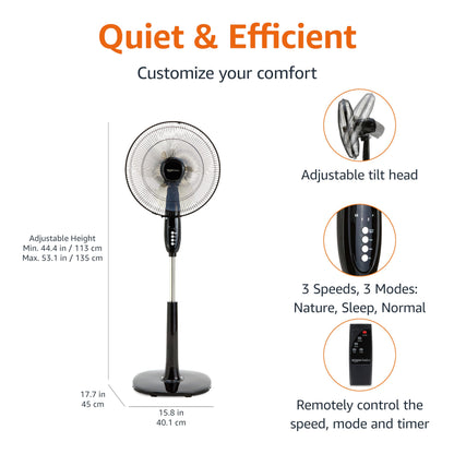Amazon Basics 16" Pedestal Fan with Remote for Bedroom, Living Room, Office, Adjustable Height, Dual-Layered Blades, 3 Speeds, 3 Modes, Timer, Tilt Head, 60W, Black