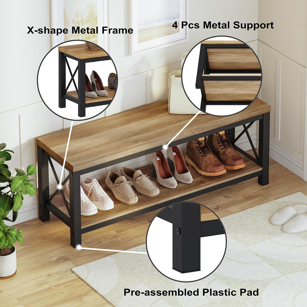 BON AUGURE Entryway Bench and Console Table Bundle – Farmhouse Wooden Metal Shoe Bench & Industrial Entryway Table for Foyer, Mudroom, Living Room, Hall (Vintage Oak)