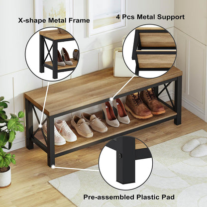 BON AUGURE Entryway Bench and Console Table Bundle – Farmhouse Wooden Metal Shoe Bench & Industrial Entryway Table for Foyer, Mudroom, Living Room, Hall (Vintage Oak)
