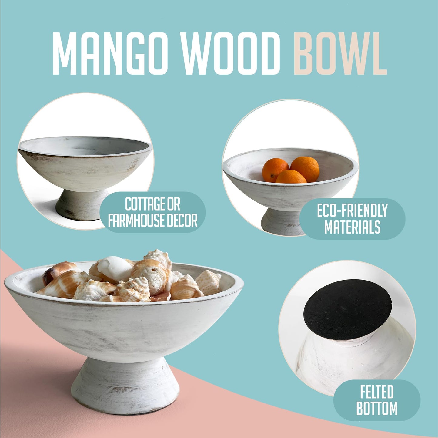 Fairwood Way - Rustic Whitewash Pedestal Bowl - 10 Inch, Mango Wood Footed Bowl as Fruit, Key, Decorative, Candy Holder or Centerpiece, Wooden Decorative Bowl for Kitchen, Dining Table