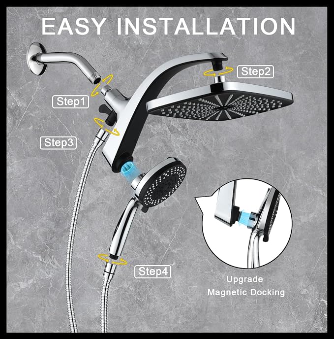 BOZYBO Rain Shower Head with Handheld: High Pressure Shower Heads with Handheld Spray Combo, 12" Rainfall Shower Head and 9 Sprays Hand Showerheads with Magnetic Docking and Power Jets, Chrome 1.75GPM