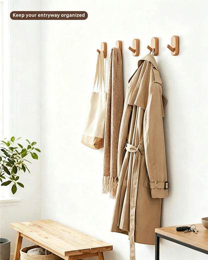 FCOWK Wooden Wall Hooks for Hanging - 4 Pack Heavy Duty Coat Hooks Wall Mount- Solid Natural Wood Hat, Bag, Backpack & Towel Hooks - Modern Key Holder for Bathroom & Entryway (Beech)