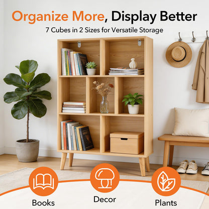 HAPPYMONT 3-Tier Bookcase, 7 Cube Modern Wooden Storage Organizer with Legs, Open Display Shelves for Living Room Bedroom Home Office, Freestanding Bookshelf, Natural Wood