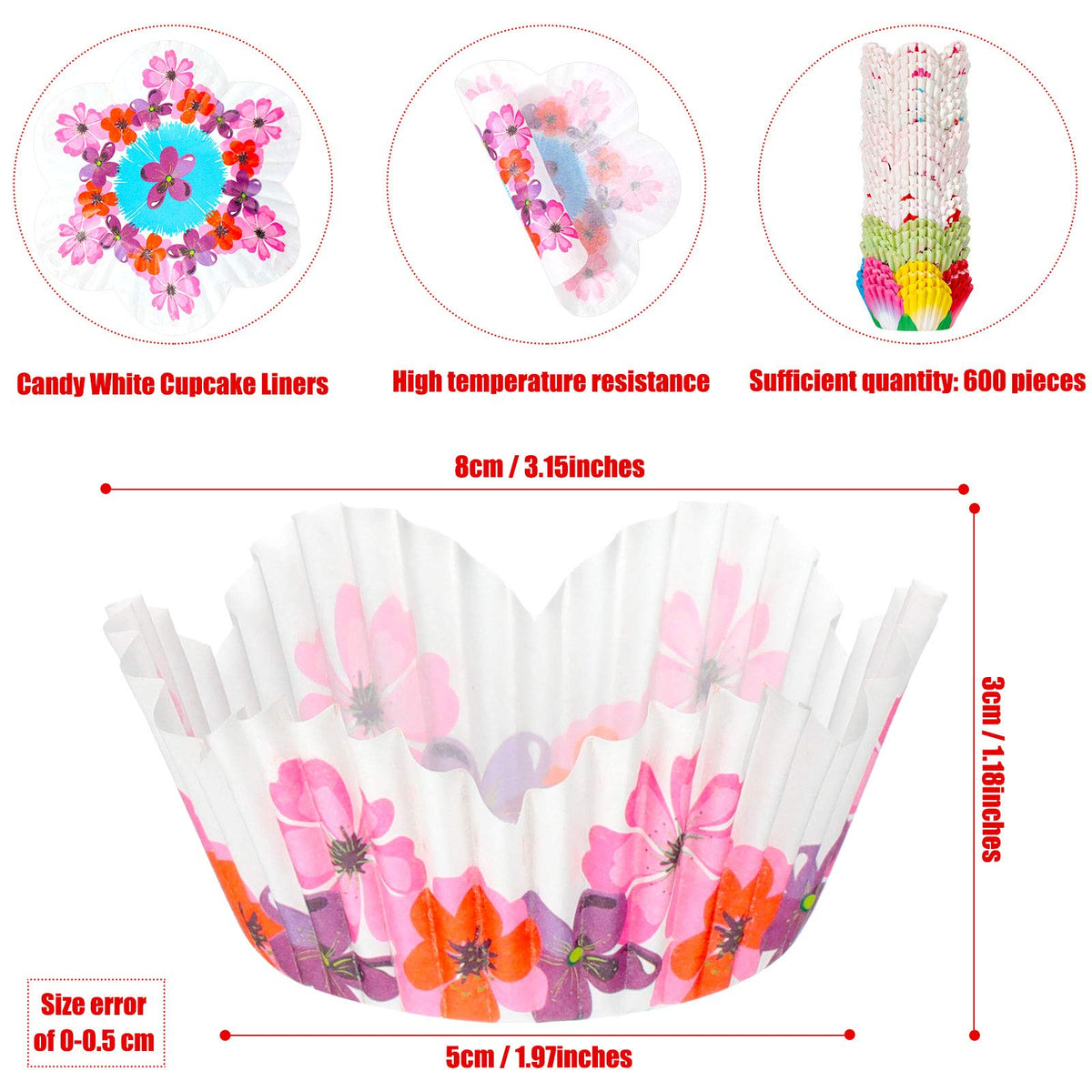 Patelai 600 Pcs Flowers Cupcake Liners Disposable Colorful Paper Baking Cups Disposable Floral Cupcake Wrappers Muffin Liners for Spring Summer Boho Wedding Birthday Shower Bridal Party