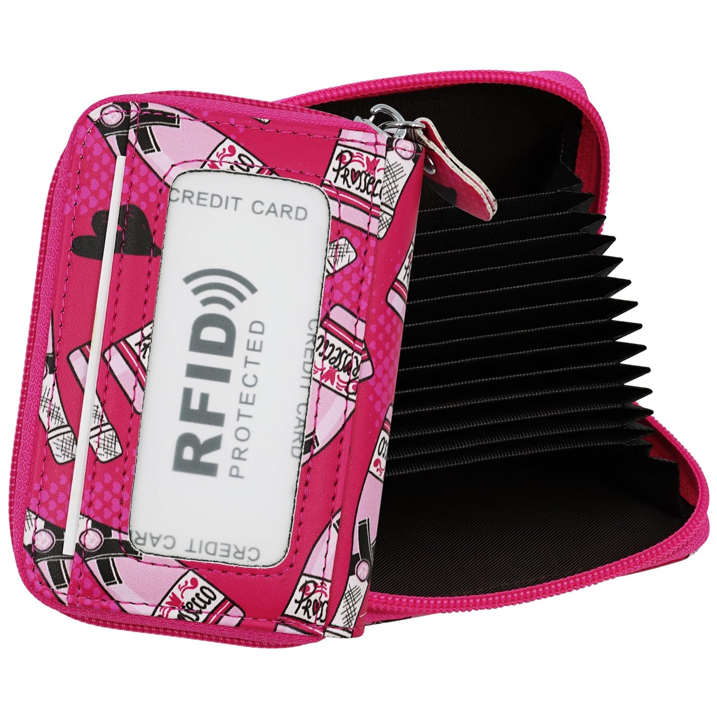 ZHOMA RFID Blocking Genuine Leather Credit Card Case Holder Security Travel Wallet With Removable Keychain ID Window for Men Women -Pink Bottles