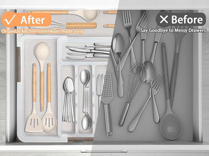 Spaclear Large Silverware Drawer Organizer Expandable Kitchen Utensil Organizer BPA Free Flatware Cutlery Holder Tray Adjustable Plastic Drawer Divider Storage for Forks Knives 6-9 Slots White