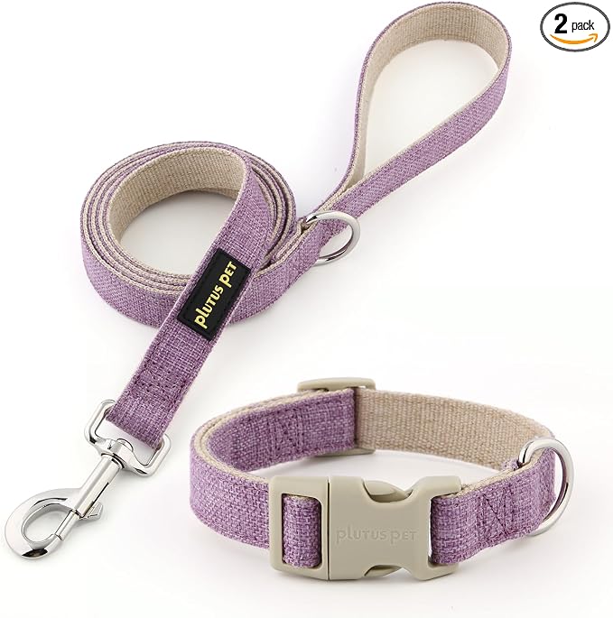 Plutus Pet Cotton Hemp Dog Collar and Leash Set, Adjustable Collar for Small, Medium, and Large Dogs, Heavy Duty and Soft on Skin, Lavender, M