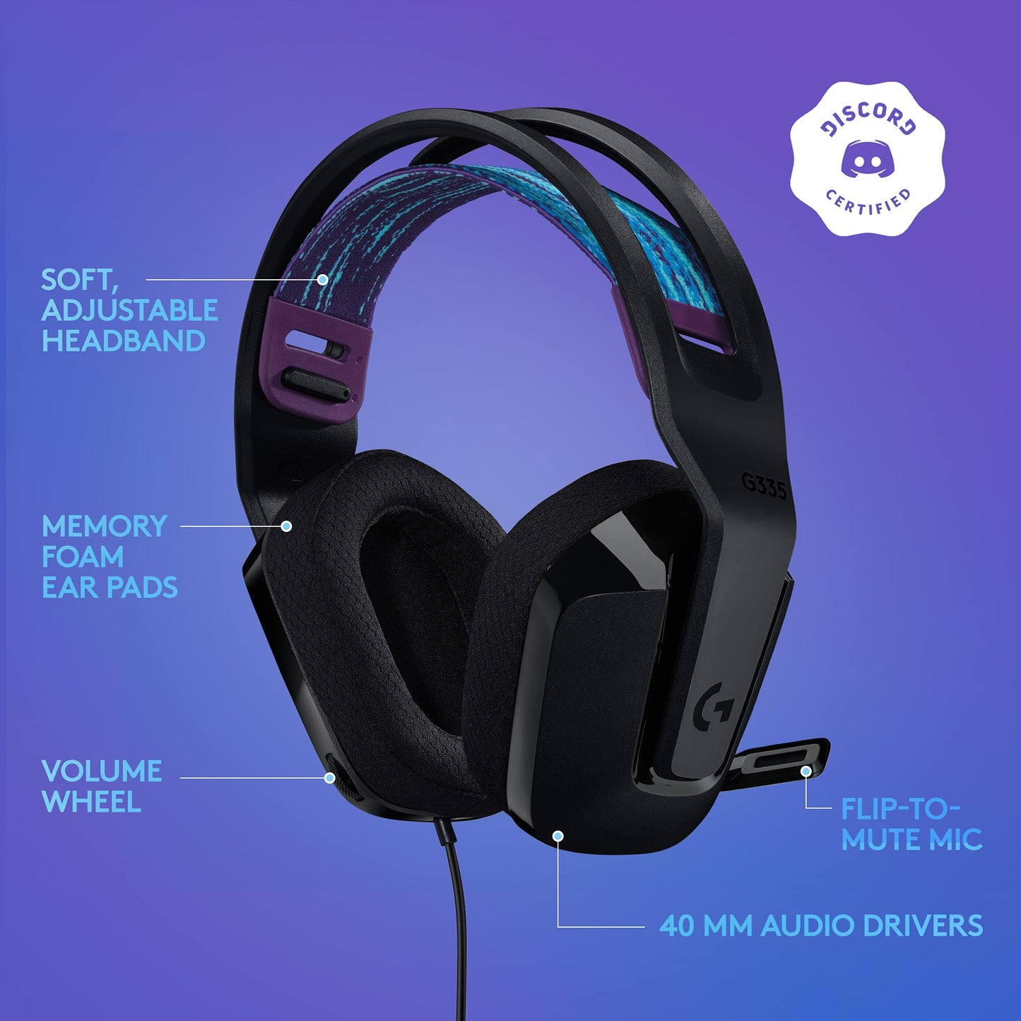 Logitech G335 Wired Gaming Headset, with Flip to Mute Microphone, 3.5mm Audio Jack, Memory Foam Earpads, Lightweight - Black