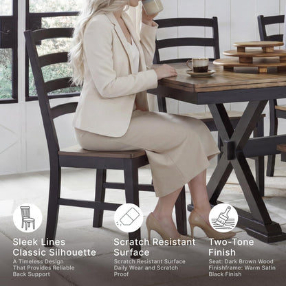 Signature Design by Ashley Wildenauer Dining Chairs Set of 2, Modern Ladderback Dining Chairs with Solid Wood Frame, Two-Tone Finish, Contoured Seat, Black/Brown