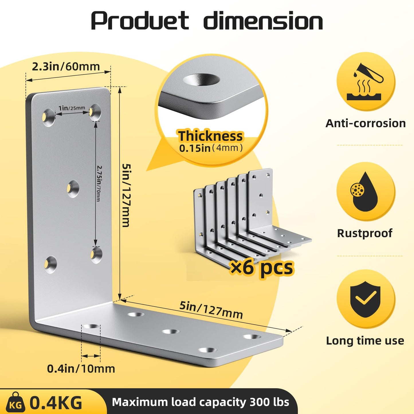 Dabolang 5" X 5"Heavy Duty Shelf Brackets,6PCS L Brackets for Wood,L-Shape Corner Bracket,90 Degree Angle Bracket,Galvanized Corner Brace for Wood Furniture, Bed Frames, Shelving & Timber Projects