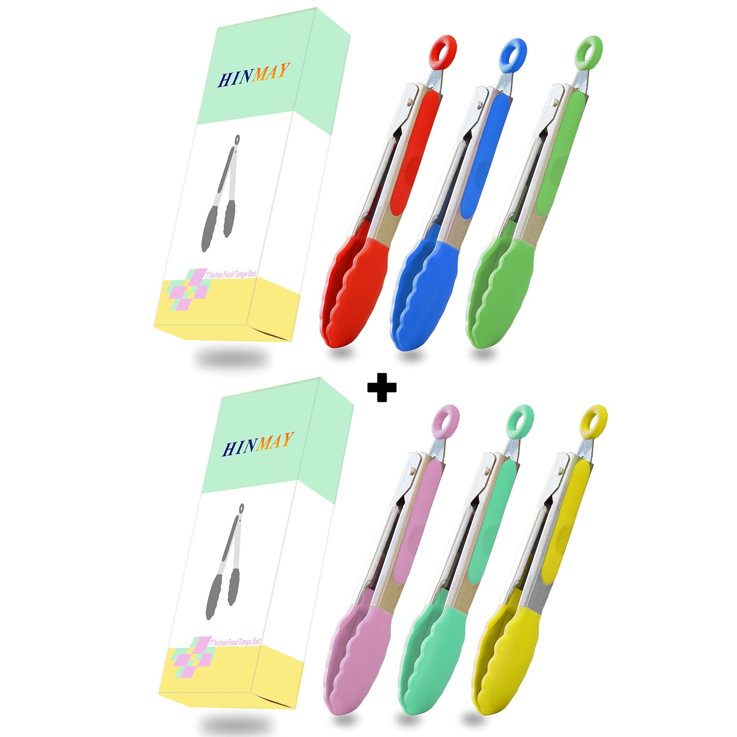 Small Silicone Tongs 7-Inch Mini Serving Tongs, Set of 3 (Black Gray White)