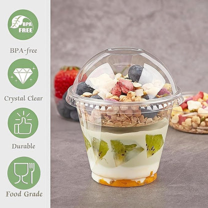 Zezzxu 50 Pack 9 oz Disposable Parfait Cups with Dome Lids No Hole, Toppings Compartment and Spork, Yogurt Conatiner with Granola Holder for Take Away Breakfast and Snacks, No Leaking