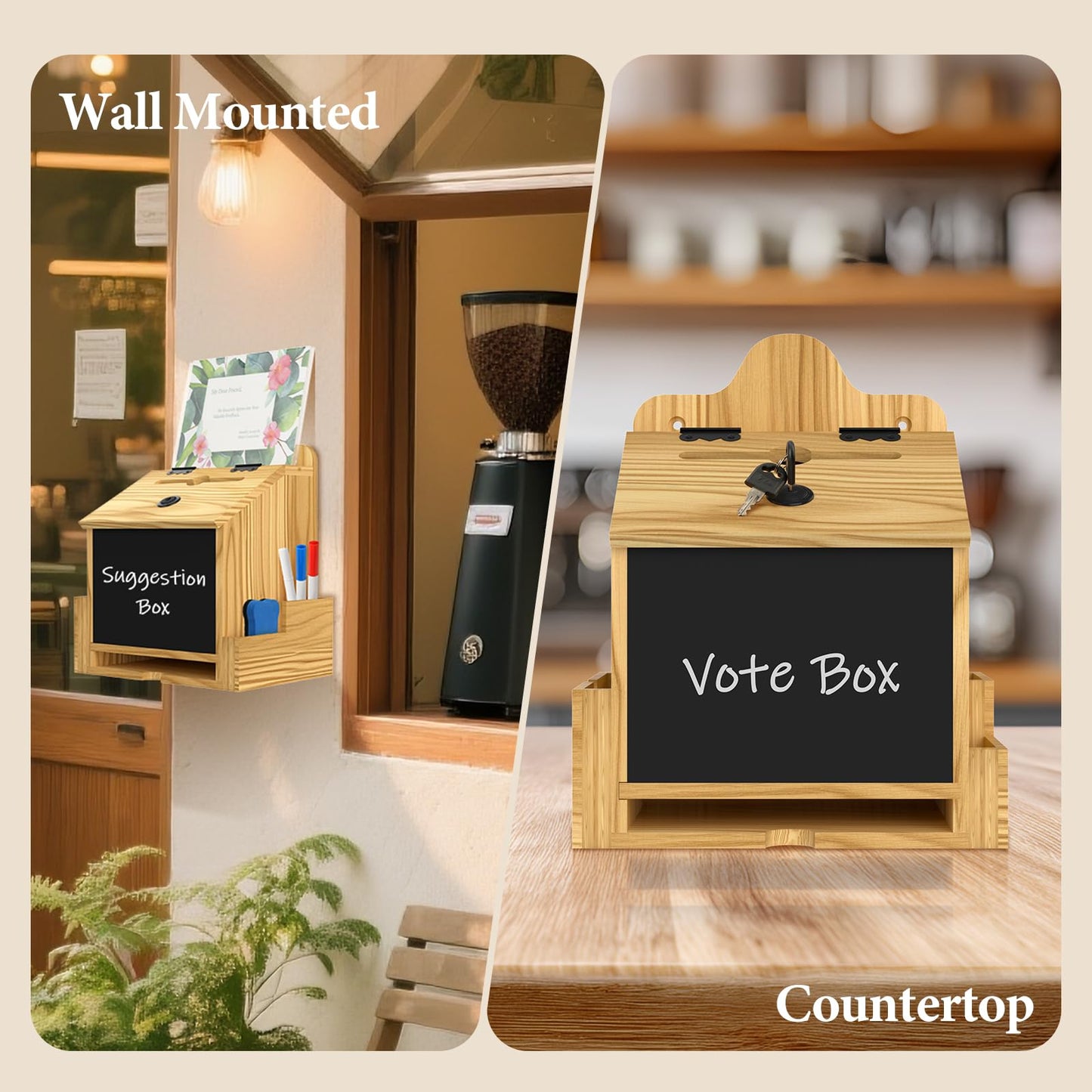 Wooden Suggestion Box with Acrylic Sign Holder, Locking Donation Box for Prayer, Comment , Ballot & Fundraising, Office Feedback Box With 50 Suggestion Cards and Pens, Wall Mounted or Countertop