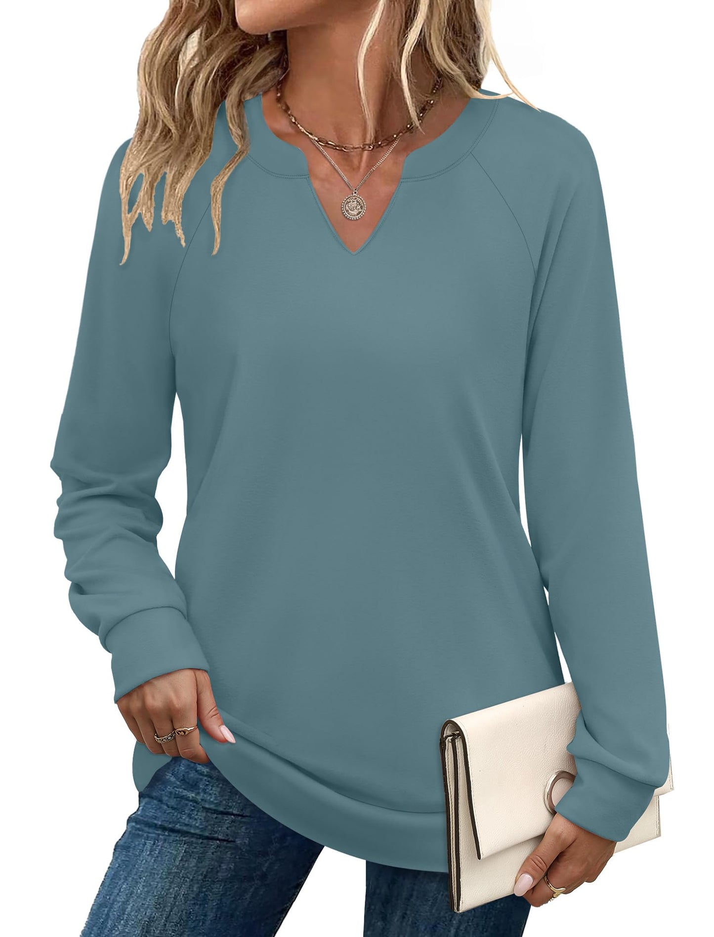 SAMPEEL Sweatshirts for Women V Neck Long Sleeve Shirts Lightweight Sweaters Fall Fashion Tops Outfits 2025