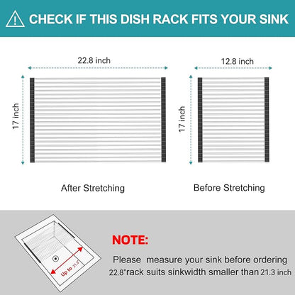 BBXTYLY Extra Large Expandable Roll Up Dish Drying Rack,Over The Sink Drying Rack Sink Cover Kitchen Sink Accessories Kitchen Rolling up Stainless Steel Drainer, Foldable,Rollable（Black，22.8''-17.3''）