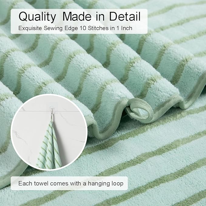 Oliven 4 Piece Green Cabana Stripe Large Bath Towels Oversized Bath Sheet Super