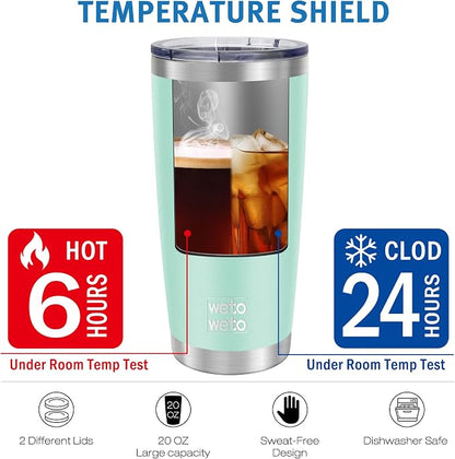 WETOWETO 20oz Tumbler with 2 lids and 2 straws, Stainless Steel Vacuum Insulated Water Coffee Tumbler Cup with Handle, Double Wall Powder Coated Travel Mug Thermal Cup (Light Green, 1 Pack)