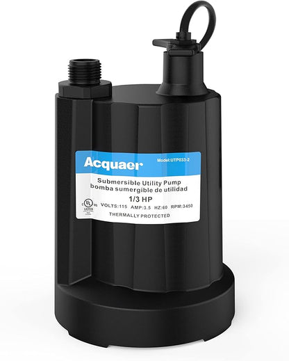 Acquaer 1/3 HP Submersible Water Pump 2160GPH Sump Pump Thermoplastic Utility Pump Portable Electric Water Pump Water Remove for Basement Hot Tubs Garden Pool Cover Draining with 10 ft Cord
