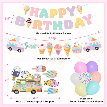75Pcs Ice Cream Birthday Party Decorations for Girls Kids, Pastel Ice Cream Balloon Garland Arch Kit First Two Sweet Birthday Banner Foil Sprinkle Long Twist Balloons Cupcake Toppers Party Supplies