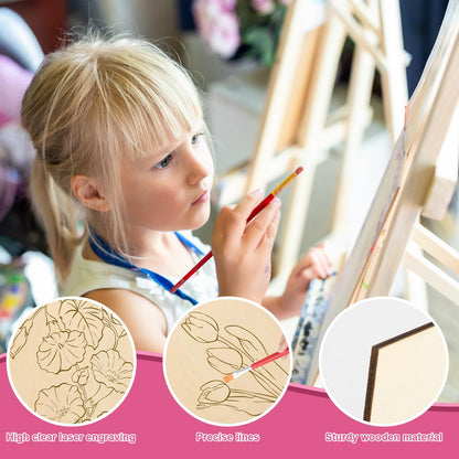 COCHIE 10 Pieces Large Flowers Unfinished Wood Crafts to Paint for Adults, Bulk Predrilled Wooden Ornaments for Painting, Tulips Flower Paintable Wood Slices Craft Supplies with Ropes