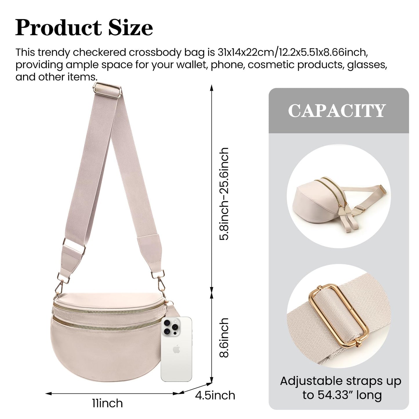 Nylon Crossbody Bags Bum Bag for Women Large Sling Bag Purse with Adjustable Strap（Black）