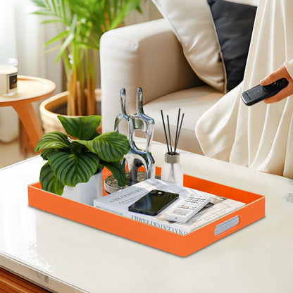 MAONAME Orange Serving Tray with Handles, Modern Decorative Trays for Coffee Table, Plastic Rectangular Trays for Ottoman, Bathroom, Halloween Decor, 15.8” x 10.2” x 1.4"