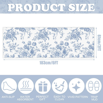 Drydiet Blur Floral Runner Rug 2 x 6 ft Large Something Blue Before I Do Soft Washable Rug with Non Slip, Low Pile Stain Resistance Carpet for Entryway Hallway Kitchen Laundry Living Room