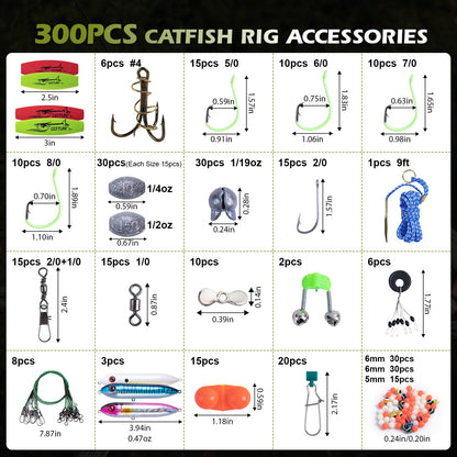 Goture Catfish Rig Making Kit,300pcs Catfishing Tackle with Luminous Fishing Hook Swivel Sinker Weights Rattle Float Bobber Stoppers,Catfish Rigs Accessories with 3600 Tackle Box,Gifts for Men