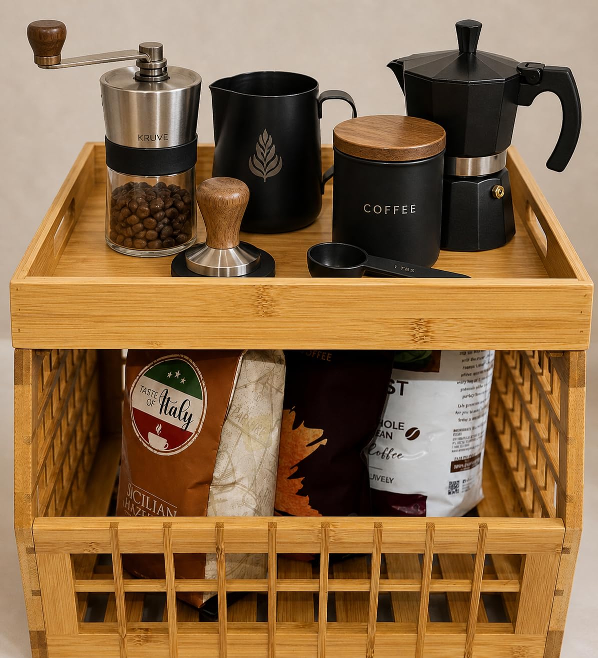 altCooking Hub Bamboo Stackable, Open Front, Medium Storage Bins with Serving Tray Lid