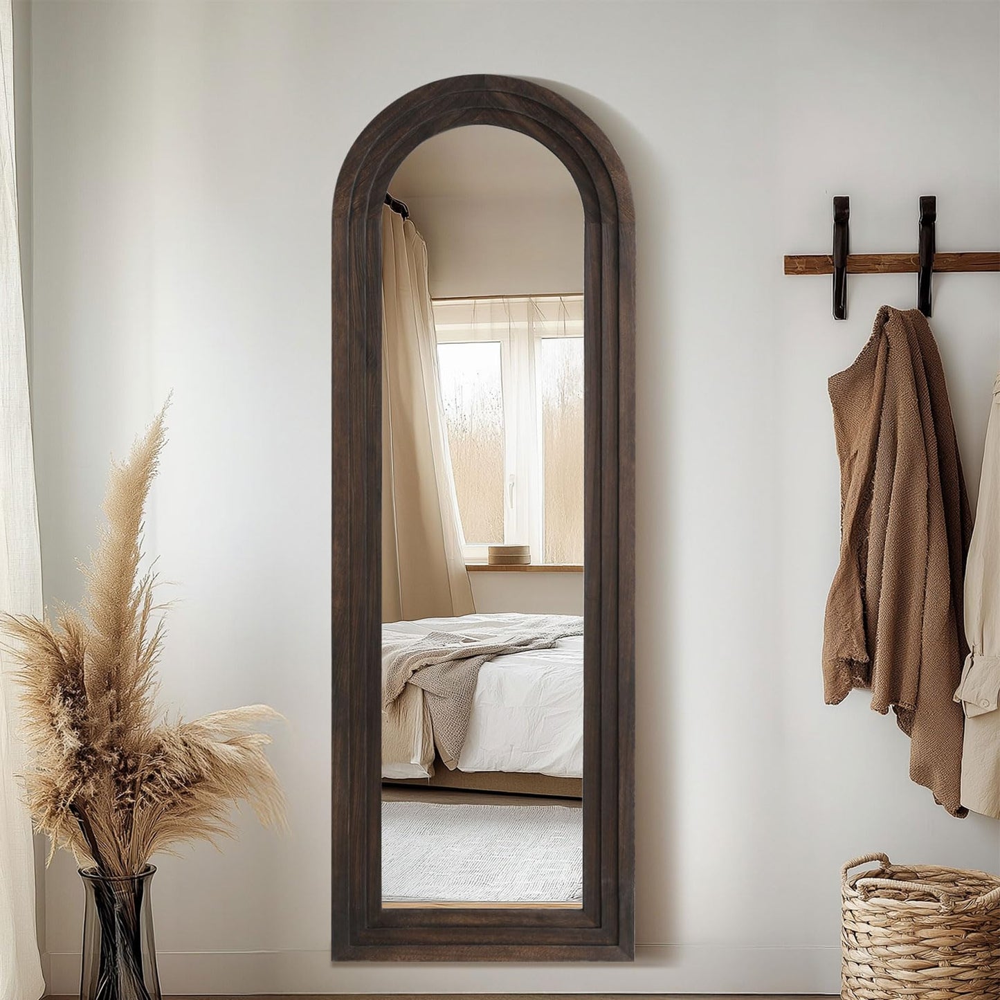 Rustic Wood Floor Full Length Mirror with Stand, 64"X21" Farmhouse Arched Free Standing Mirror for Bedroom Living Room Store, Leaning or Wall Mounted, Tempered Glass, Brown
