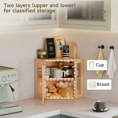 Vellzeyce Corner Bread Box for Kitchen Countertop,Double Layer Large Capacity Bread Storage Bin, Bamboo Bread Container with Acrylic Door (Natural, Mediun)