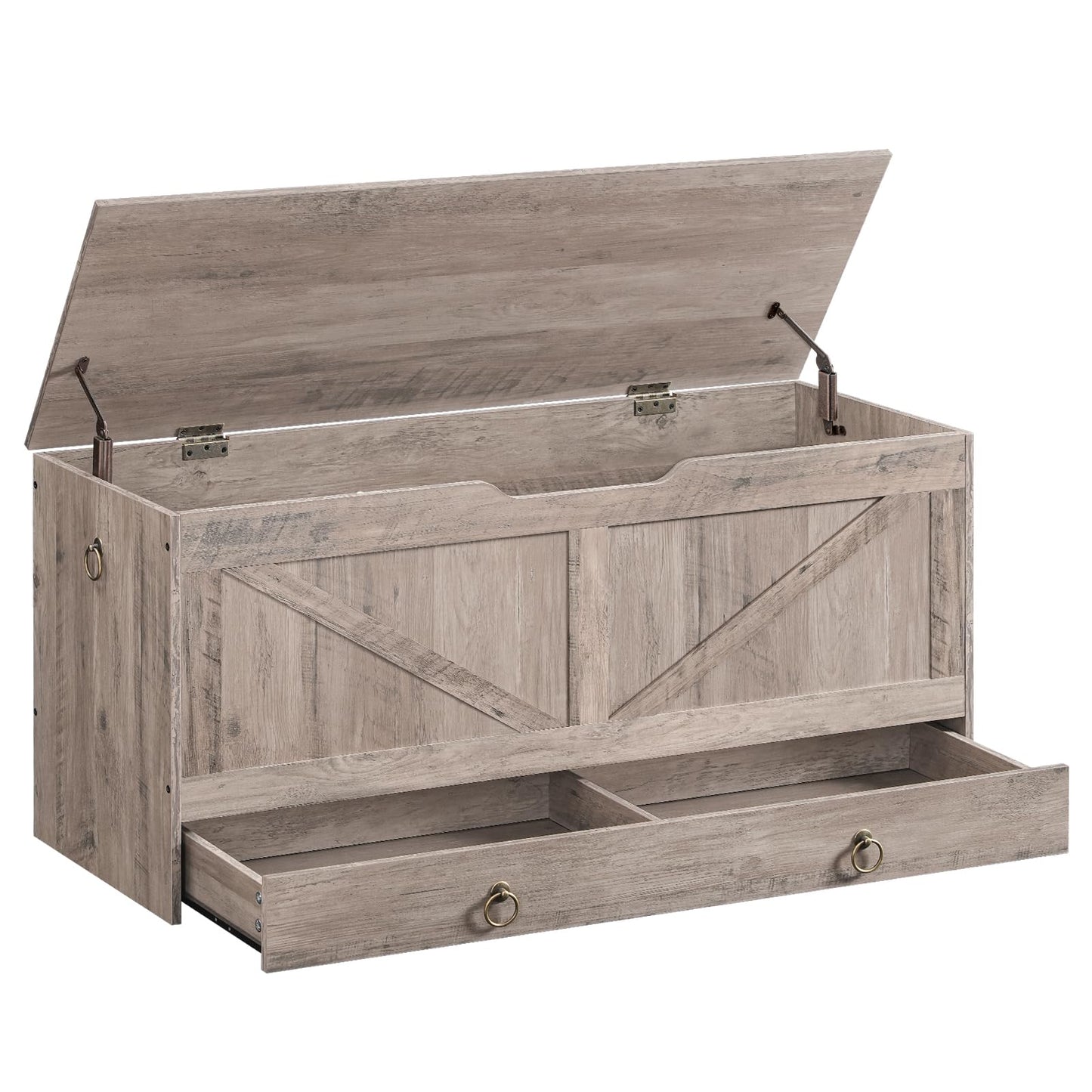 HOOBRO Storage Chest, 43.3" Toy Chest with Drawer, Wooden Storage Bench, Sturdy Entryway Bench Supports 220 lb, Shoe Bench, Safety Hinge, U-Shaped Opening, Easy Assembly, Greige BG711CW01G1