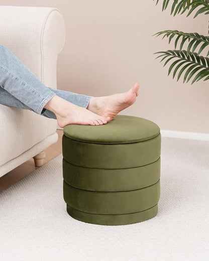 B FSOBEIIALEO Round Velvet Storage Ottoman with Tray, Folding Ottoman with Storage Coffee Table Foot Rest for Dorm Room, Living Room Olive, 15.35"x15.35"x14.57"